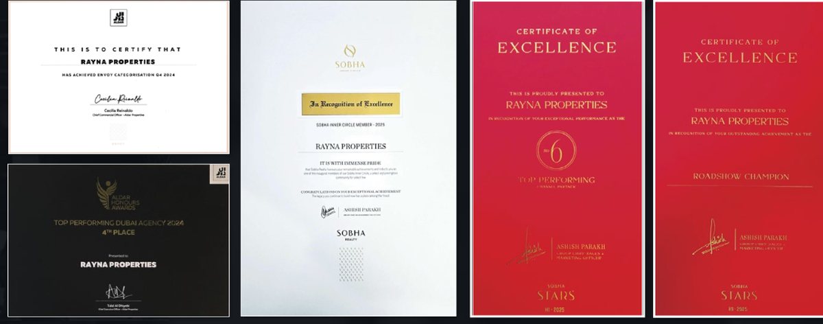 Rayna Properties certificates of excellence
